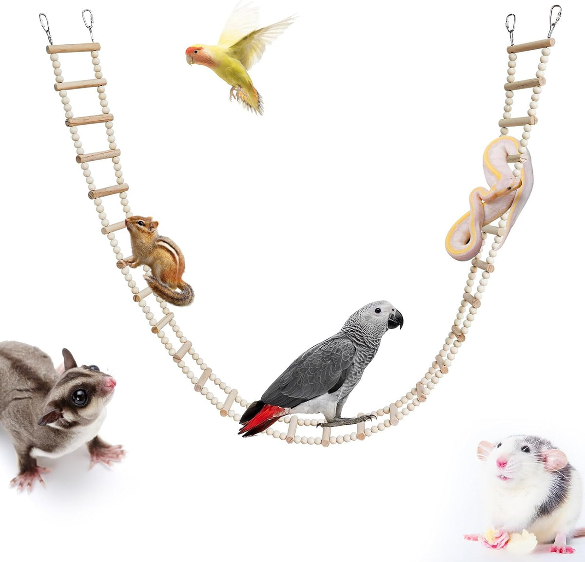 Long Bird Ladder with Wooden Rungs and Beads, Parakeet Climbing Swing Toys, Bird Cage Accessories