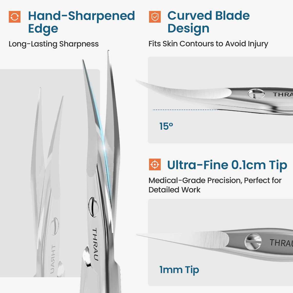 THRAU Right-Handed Cuticle Scissors – Surgical Grade Stainless Steel with Sharp Curved Tip for