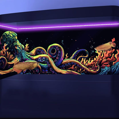 24X12IN Blacklight Octopus Sea Monster HD 3D Black Light Aquarium Background UV Reactive Background