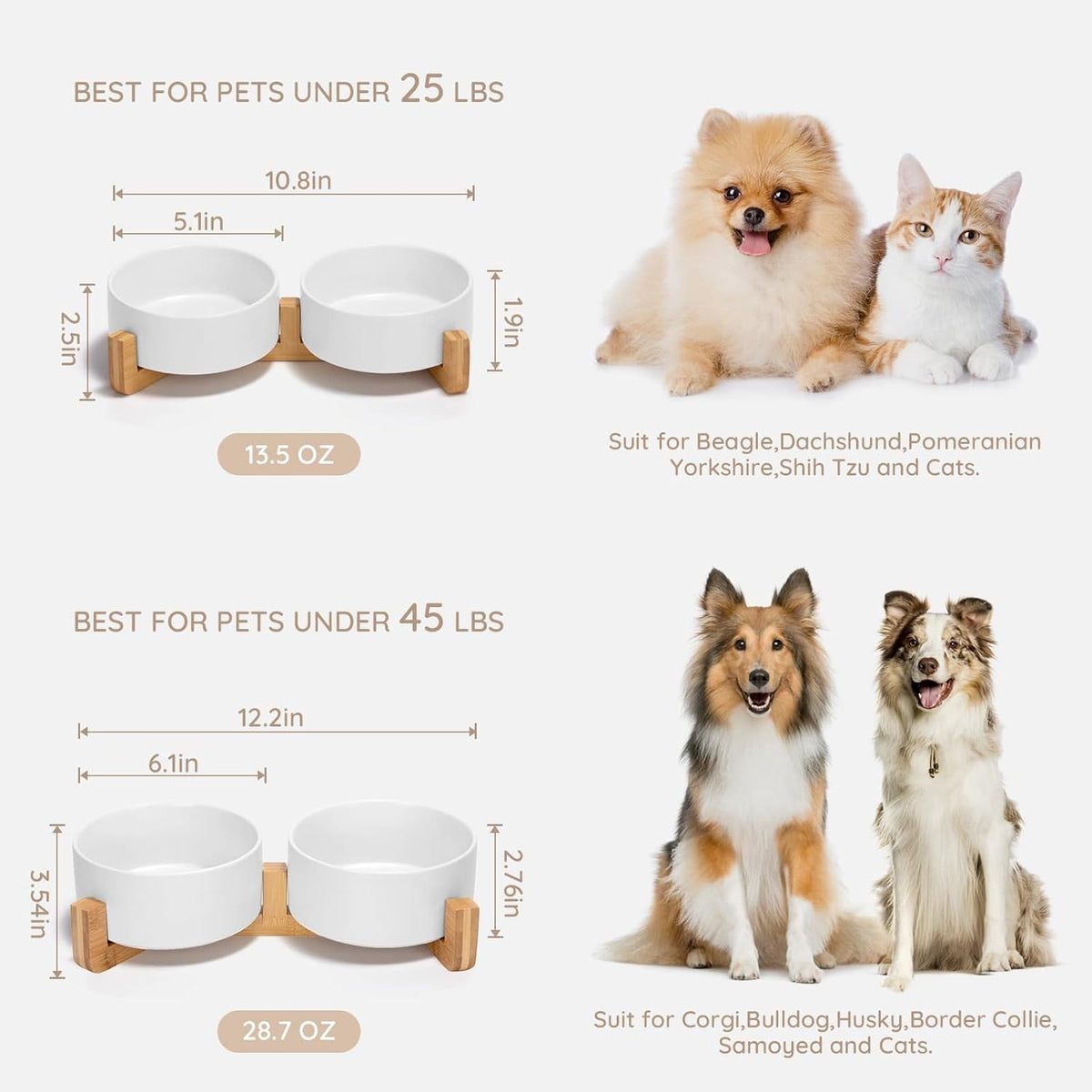 SPUNKYJUNKY Ceramic Dog and Cat Bowl with Wood Stand Non-Slip Matte Glaze Weighted Food Water Set