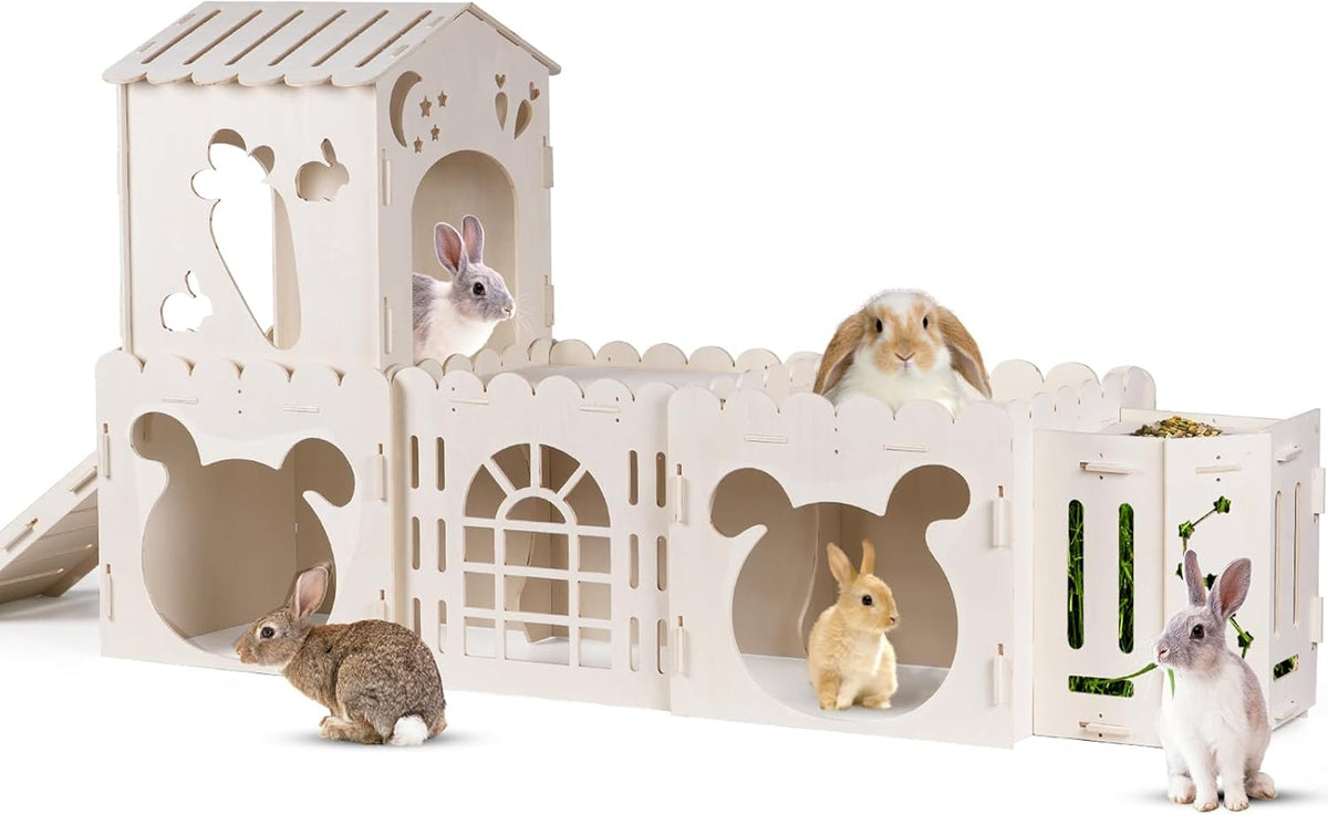 Extra Large Rabbit House, Wooden Bunny House Hideout with 4 Houses and Hay Feeder Indoor, Rabbit