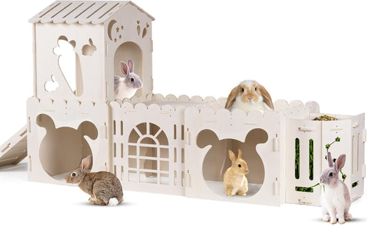 Extra Large Rabbit House, Wooden Bunny House Hideout with 4 Houses and Hay Feeder Indoor, Rabbit