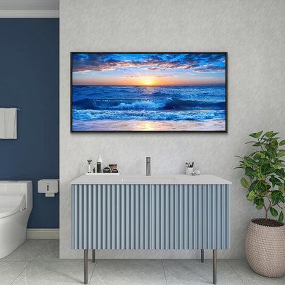 Wapluam Large Canvas Art - Blue Ocean Beach Scene, Sunny Sea View, Wave Wall Pictures, Black Framed