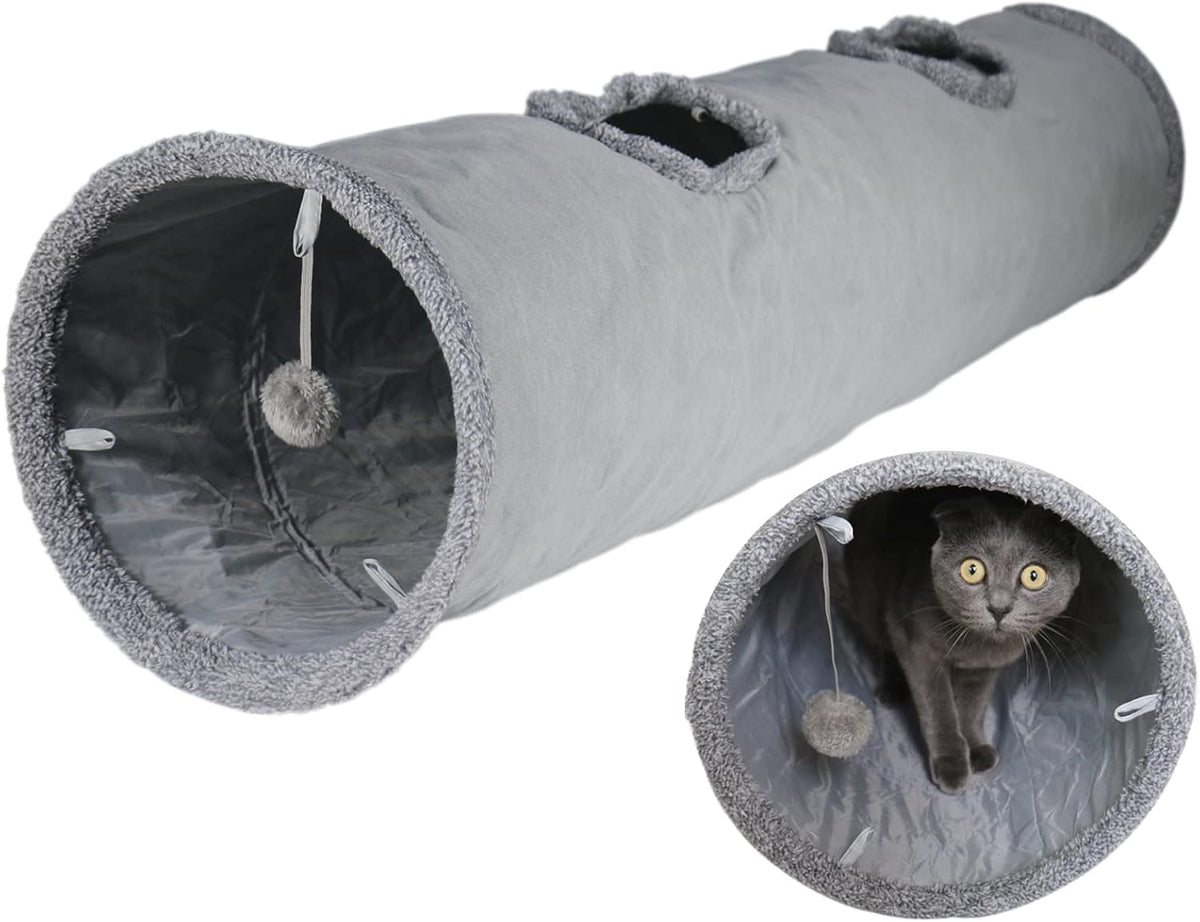 Cat Tunnel for Indoor Cats, 51×12 inch Foldable Big Cat Tunnel, Grey Suede Pet Tunnels with Two