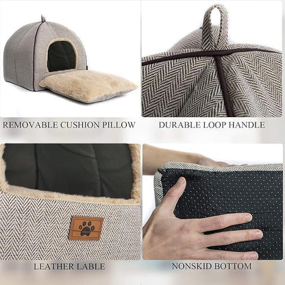 Cat Bed - Cat Cave House Tent with Washable Cushioned Pillow, Soft Kitten Beds, Pet Furniture