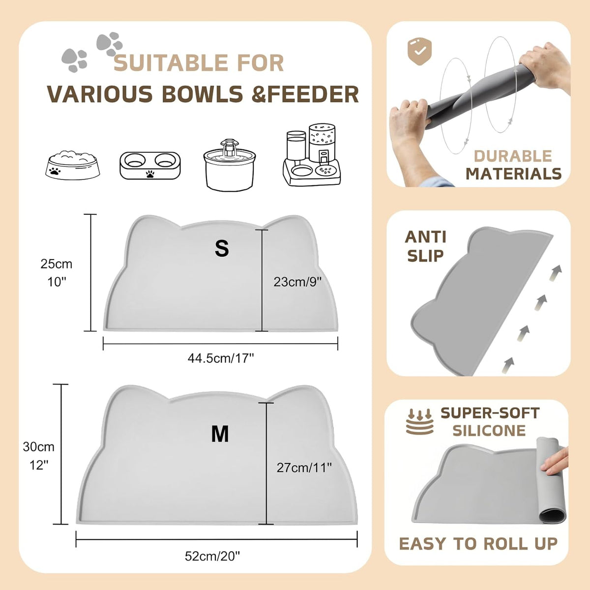 Cat Food Mat, Silicone Pet Feeding Mat for Floor Non-Slip Waterproof Dog Water Bowl Tray Cushion