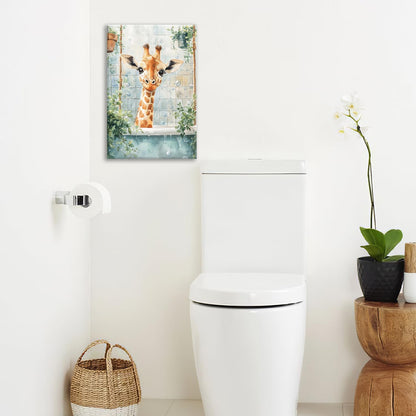 Bathroom Funny Giraffe Pictures Wall Art, Watercolor Giraffe Bathroom Wall Decor, Animal Framed