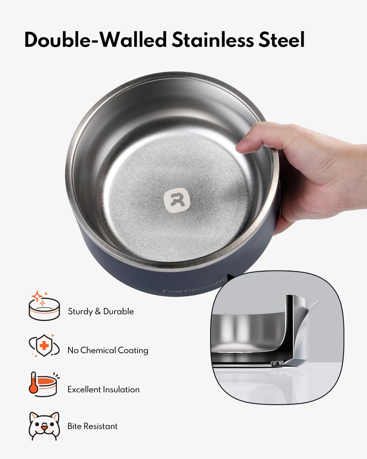 HomeRunPet Dog Bowls, Durable Dishwasher Safe Double Wall Metal Insulated Stainless Steel Food