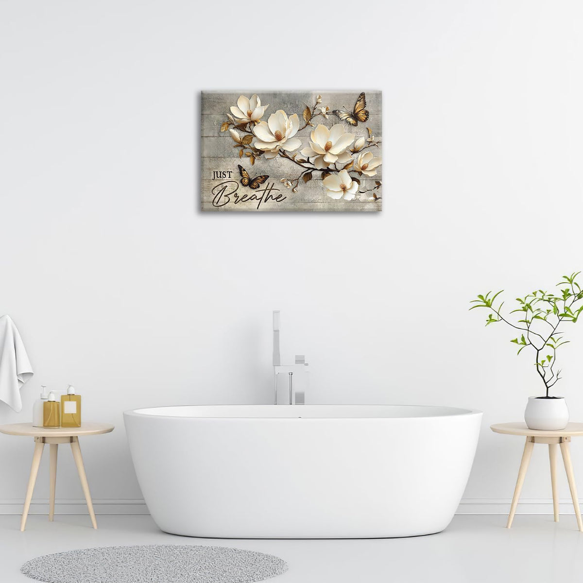 Floral Magnolia Bathroom Pictures Wall Art, Just Breathe Bathroom Wall Decor, Flower Butterfly