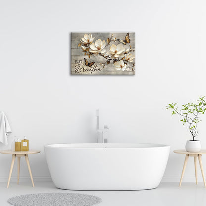 Floral Magnolia Bathroom Pictures Wall Art, Just Breathe Bathroom Wall Decor, Flower Butterfly