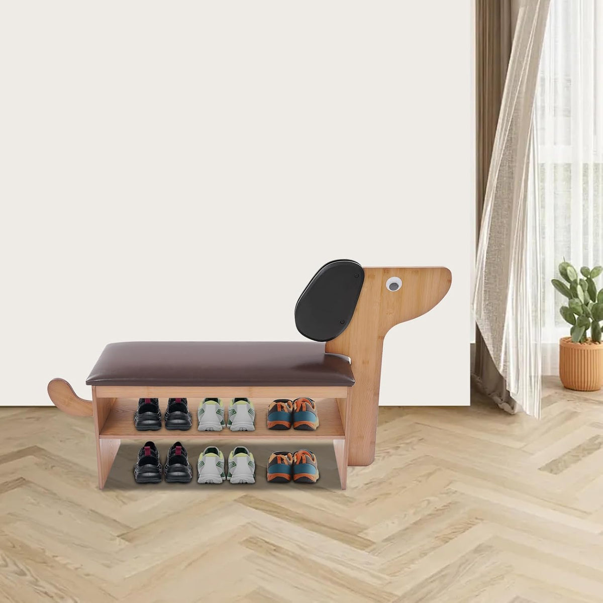 Cute Dog Shoe Bench with Cushion, 51.6”L x 11.8”W Puppy Shoe Storage Bench Dark Brown 2-Tire Bamboo