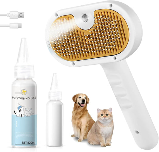 Pet Steam Brush for Dog & Cat – 3-in-1 Spray Hair Removal Comb – Steam for Shedding & Grooming