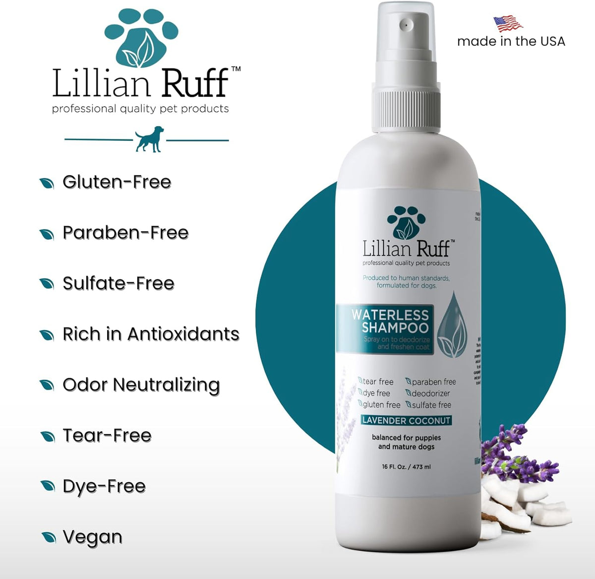 Lillian Ruff Waterless No-Rinse Dog Dry Shampoo Spray with Hydrating Essential Oils - pH-Balanced