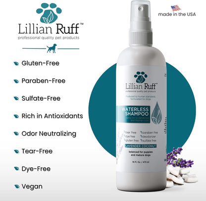 Lillian Ruff Waterless No-Rinse Dog Dry Shampoo Spray with Hydrating Essential Oils - pH-Balanced