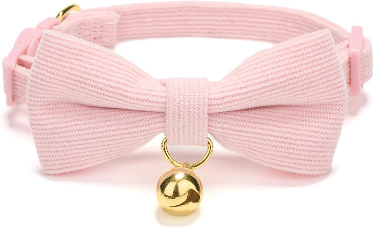 2 Pack Soft Corduroy Cat Collars with Bow Tie & Bell, Adjustable Breakaway Cotton Kitty Bowtie