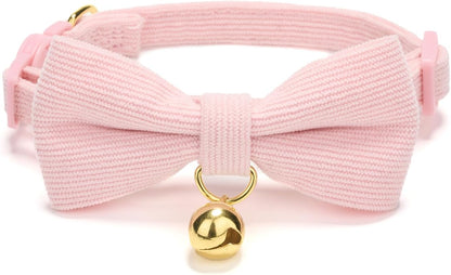 2 Pack Soft Corduroy Cat Collars with Bow Tie & Bell, Adjustable Breakaway Cotton Kitty Bowtie