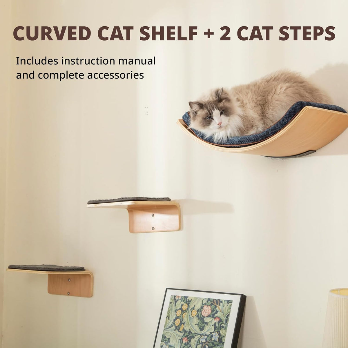 Cat Wall Shelf with Two Steps - Curved Cat Shelves and Perches for Wall (Large Size) - Wall Mounted