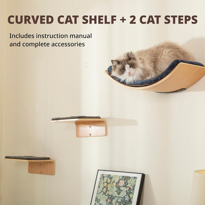 Cat Wall Shelf with Two Steps - Curved Cat Shelves and Perches for Wall (Large Size) - Wall Mounted