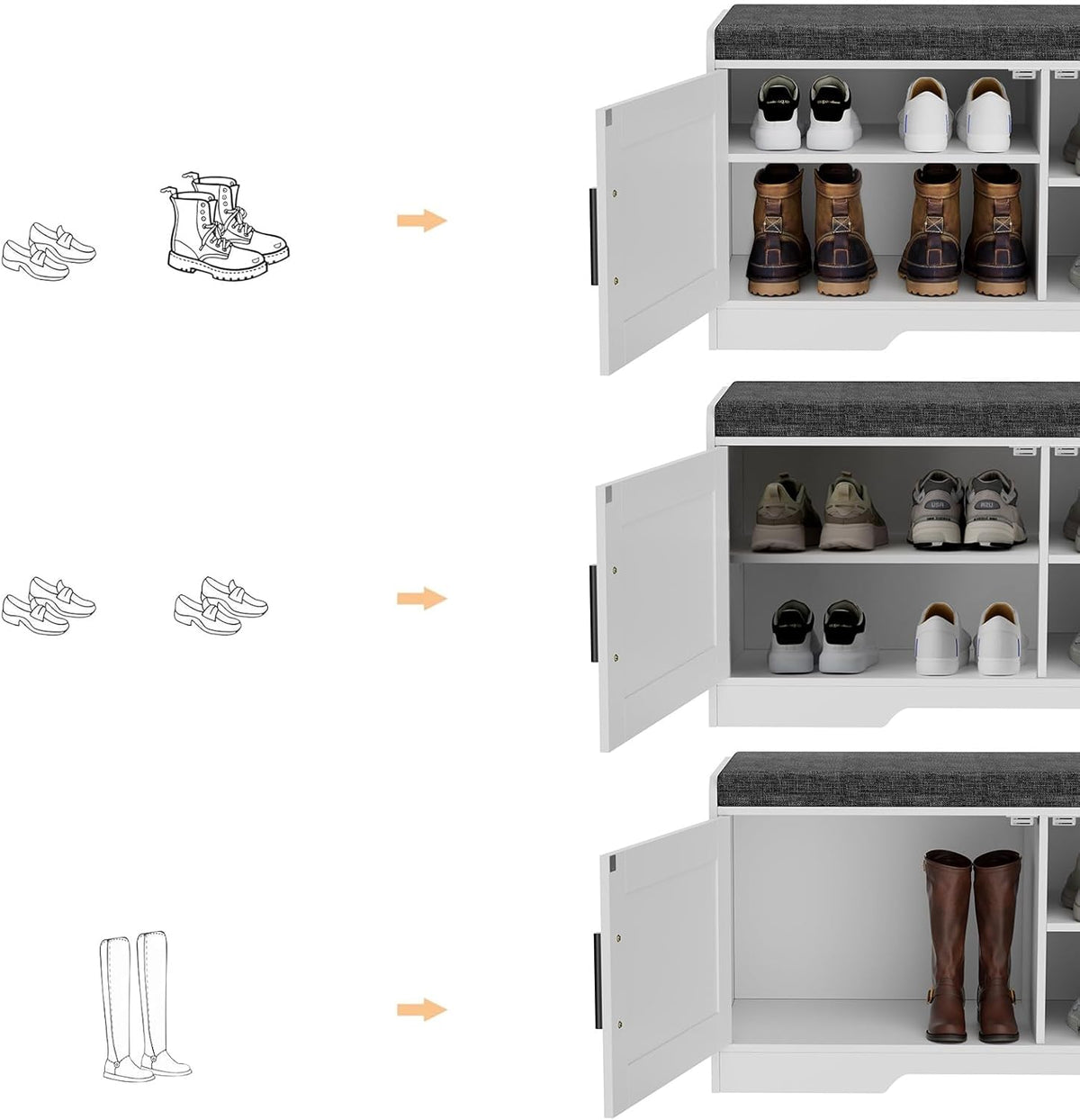 2-Tier Storage Bench, Shoe Bench with Thickened Padded Seat Cushion, Entryway Bench with 2 Doors