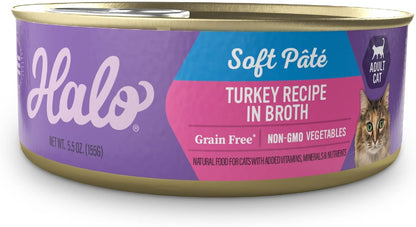 Halo Wet Cat Food Whole Turkey Stew Recipe, Grain Free Wet Cat Pate, Canned Cat Food for Extra