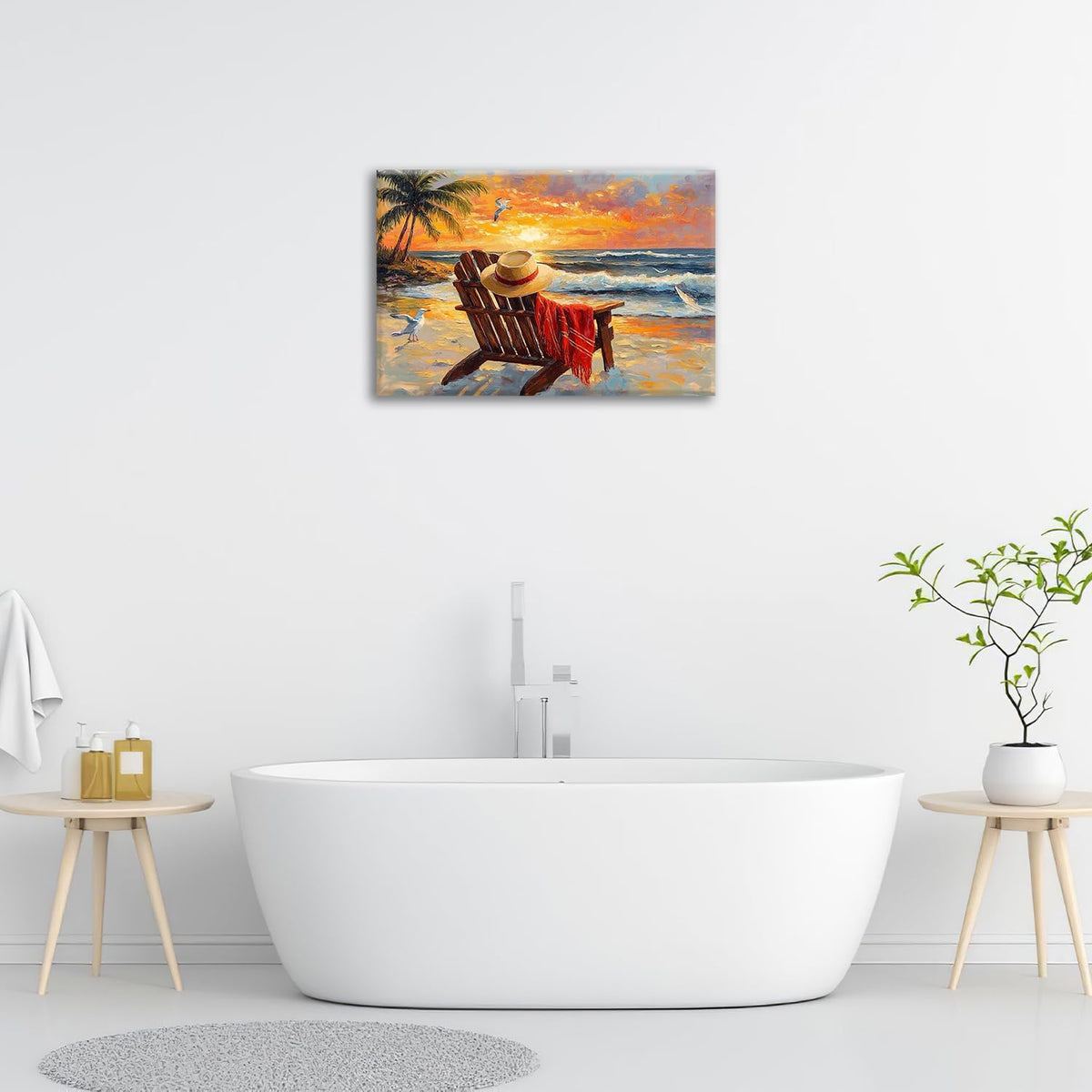 Beach Coastal Bathroom Pictures Wall Art, Seaside Ocean Bathroom Wall Decor, Sunrise Palm Framed