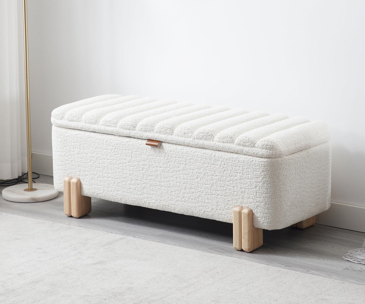 Kmax 45" Storage Bench Faux Fur Entryway Bench Upholstered Ottoman Bench with Wavy Top & Safty