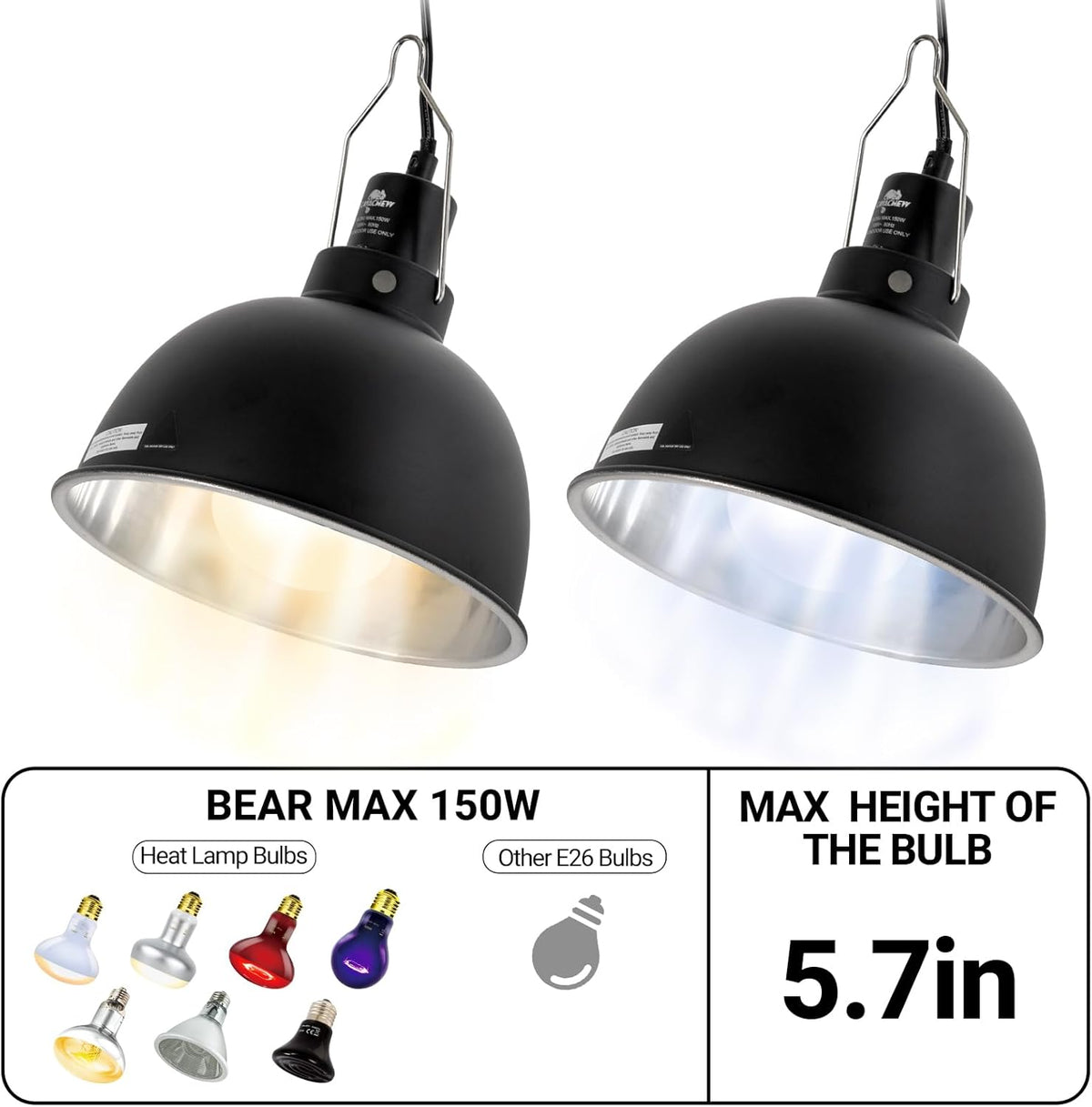 2 Pack Reptile Light Fixture, 8.5in Deep Dome Reptile Lamp Fixture, Optical Reflection Cover