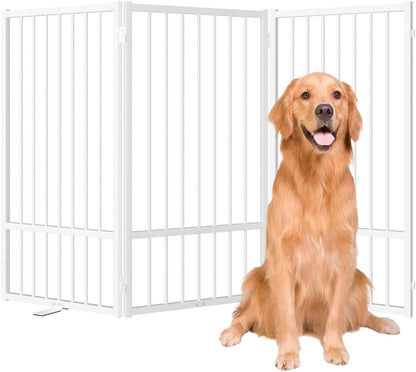 Full Metal Freestanding Dog Gate with Door, 36''Height Foldable Pet Dog Fence for Indoor & Outdoor