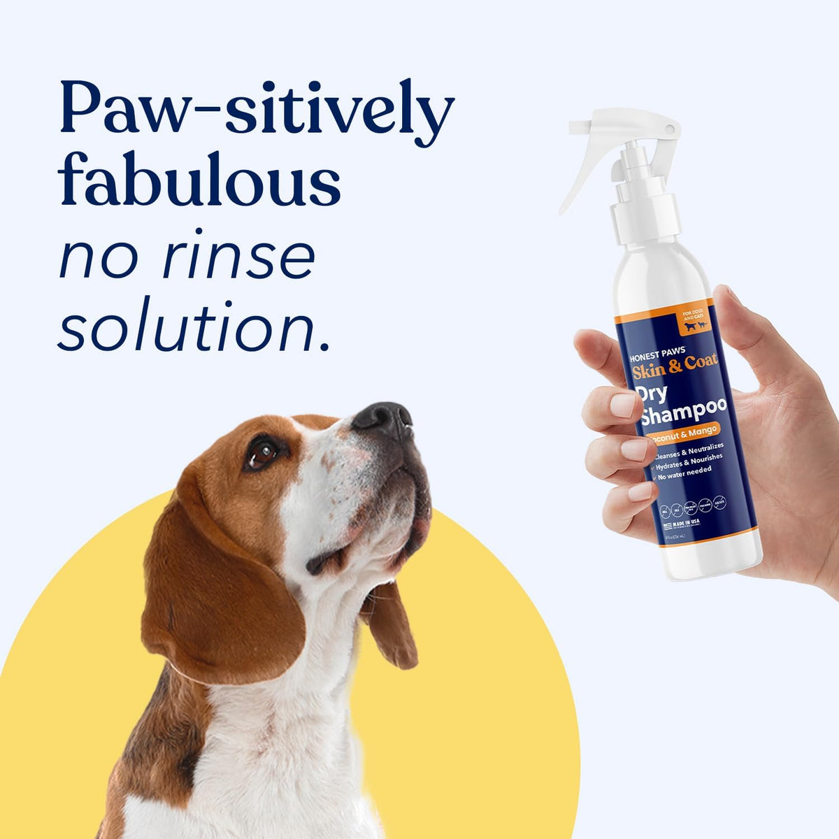 Honest Paws Dog Dry Shampoo - Waterless No Rinse Spray Formula Reducing Itch Cleanse Hydrate