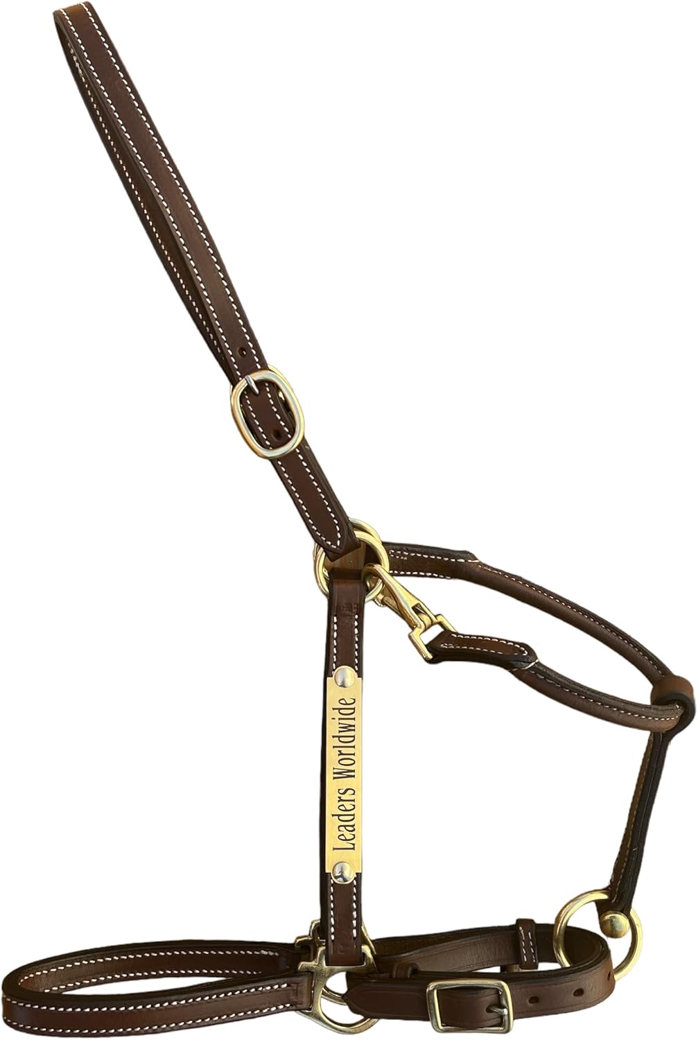 Leaders 3/4" Leather Halter for Horses with Customized Engraved Name Plate Brown Leather with Solid