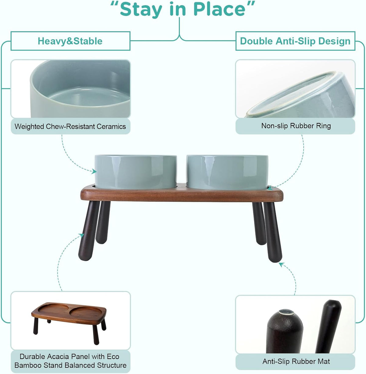 SPUNKYJUNKY Ceramic Elevated Dog Bowls Raised with Acacia Bamboo Wooden Stand, 6.1'' Dog Cat Food