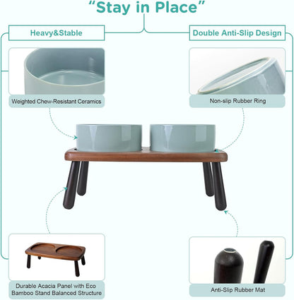 SPUNKYJUNKY Ceramic Elevated Dog Bowls Raised with Acacia Bamboo Wooden Stand, 6.1'' Dog Cat Food