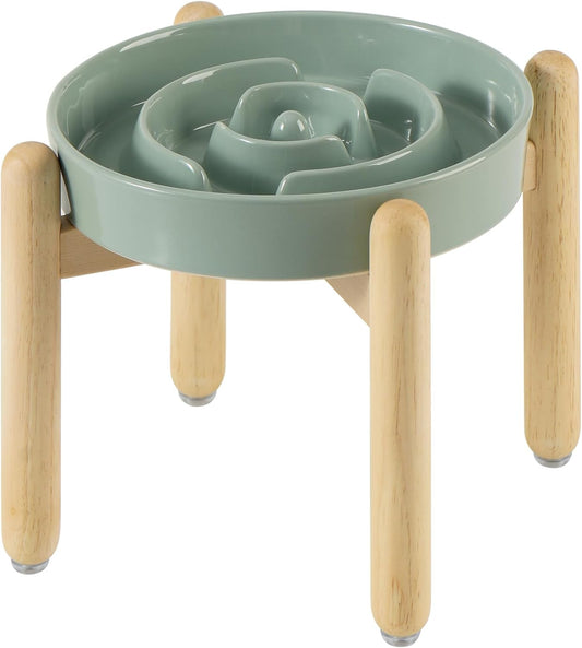 8.2inch Ceramic Raised Slow Feeder Dog Bowl Set, Elevated Wooden Stand for Large and Medium Dog