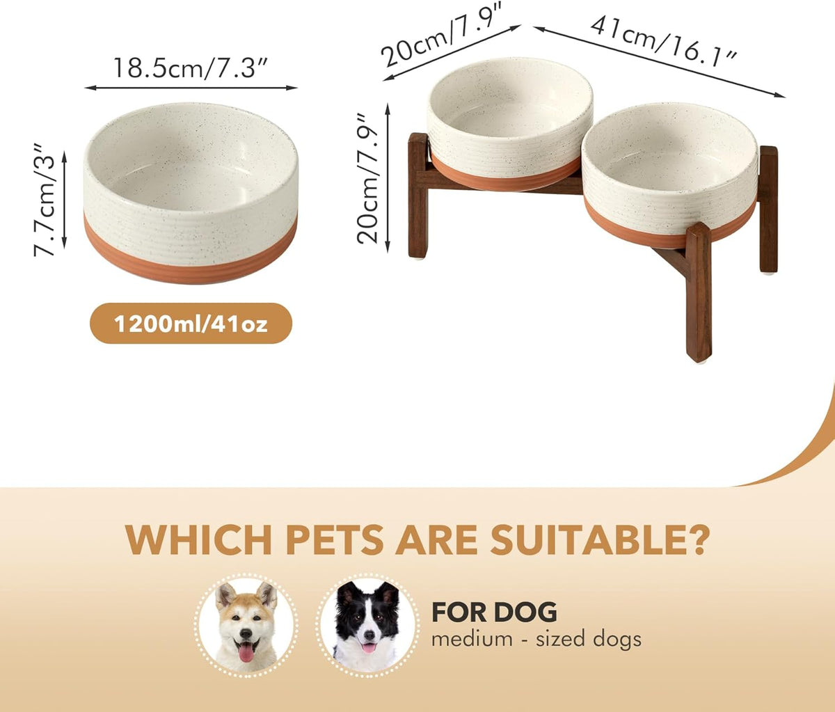 Ceramic 7.3inch Raised Double Dog Bowls Set with Acacia Wood Stand, Food & Water Bowls for Medium