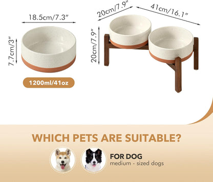 Ceramic 7.3inch Raised Double Dog Bowls Set with Acacia Wood Stand, Food & Water Bowls for Medium