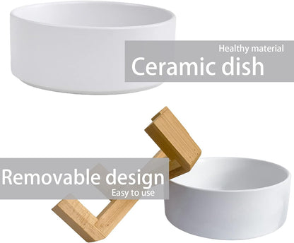 Ceramic Dog Cat Bowl with Wood Stand,Cat Food & Water Bowls Elevated Non-Spill Modern Cute Kitty