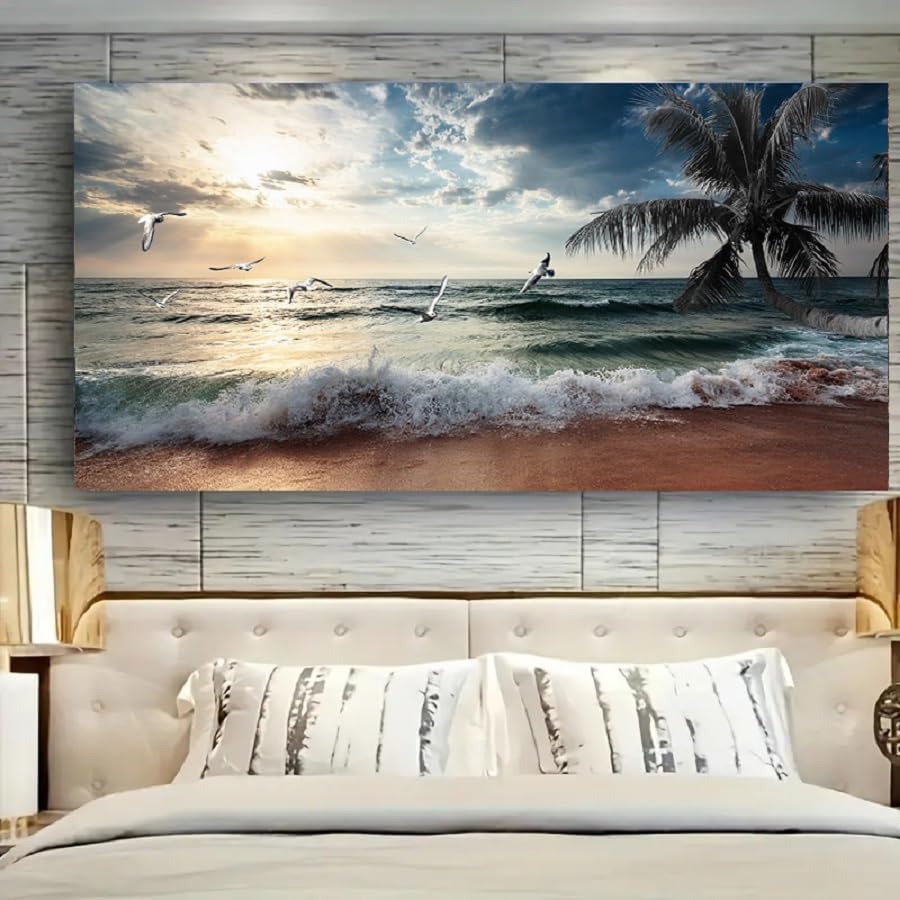 Yxbhhym Large Beach Ocean Canvas Wall Art Coast Sunset Sea Paintings Poster Seascape Picture Palm