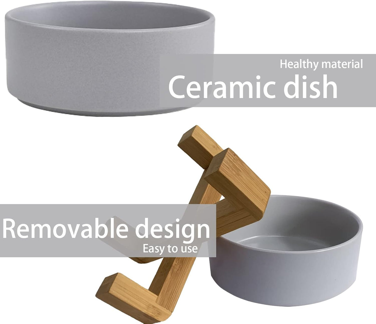 Ceramic Dog Cat Bowl with Wood Stand,Cat Food & Water Bowls Elevated Non-Spill Modern Cute Kitty
