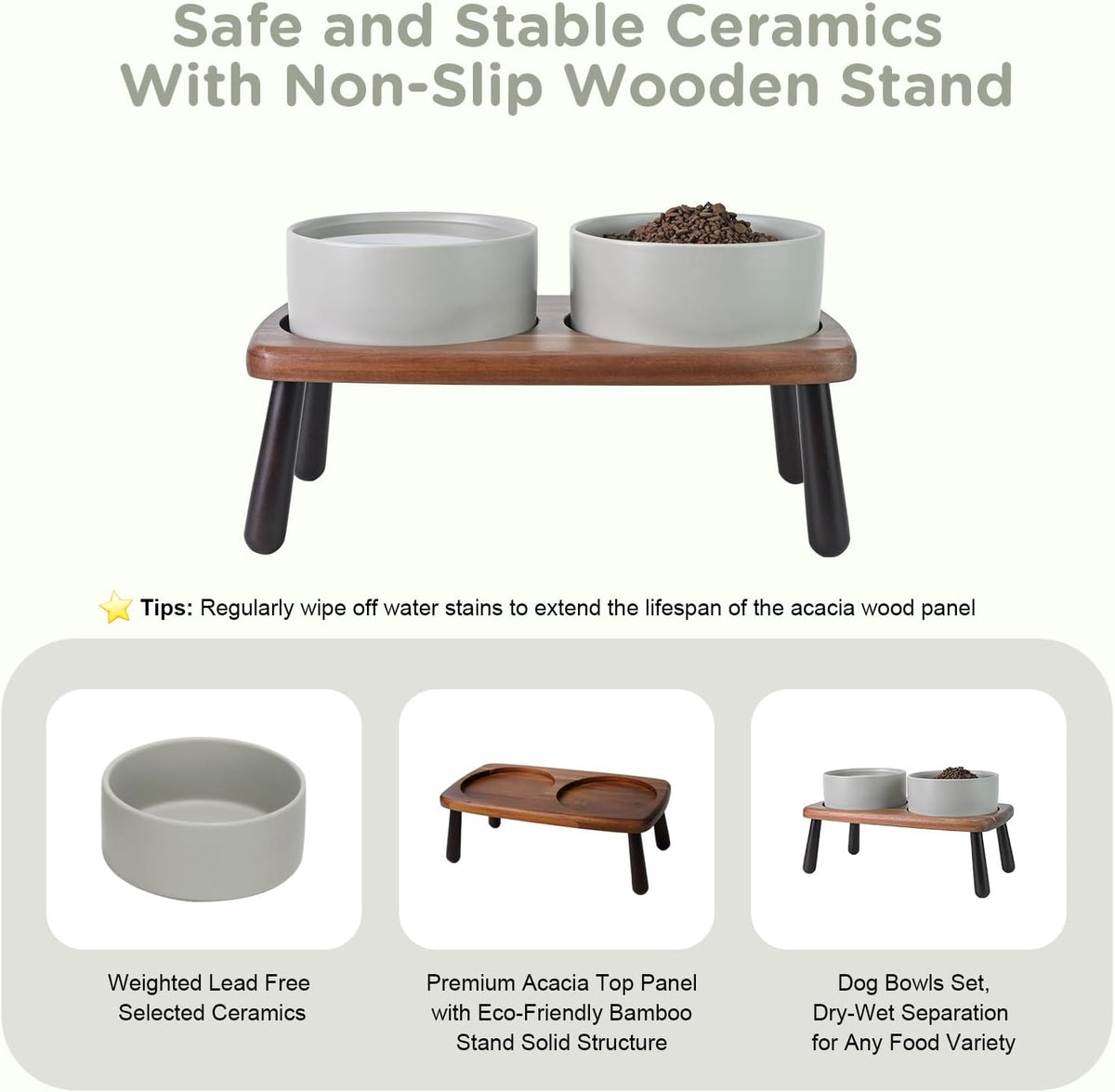 SPUNKYJUNKY Ceramic Elevated Dog Bowls Raised with Acacia Bamboo Wooden Stand, 6.1'' Dog and Cat