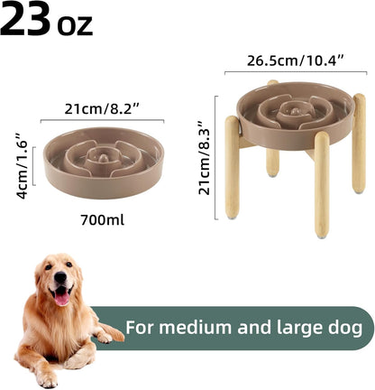 8.2inch Ceramic Raised Slow Feeder Dog Bowl Set, Elevated Wooden Stand for Large and Medium Dog