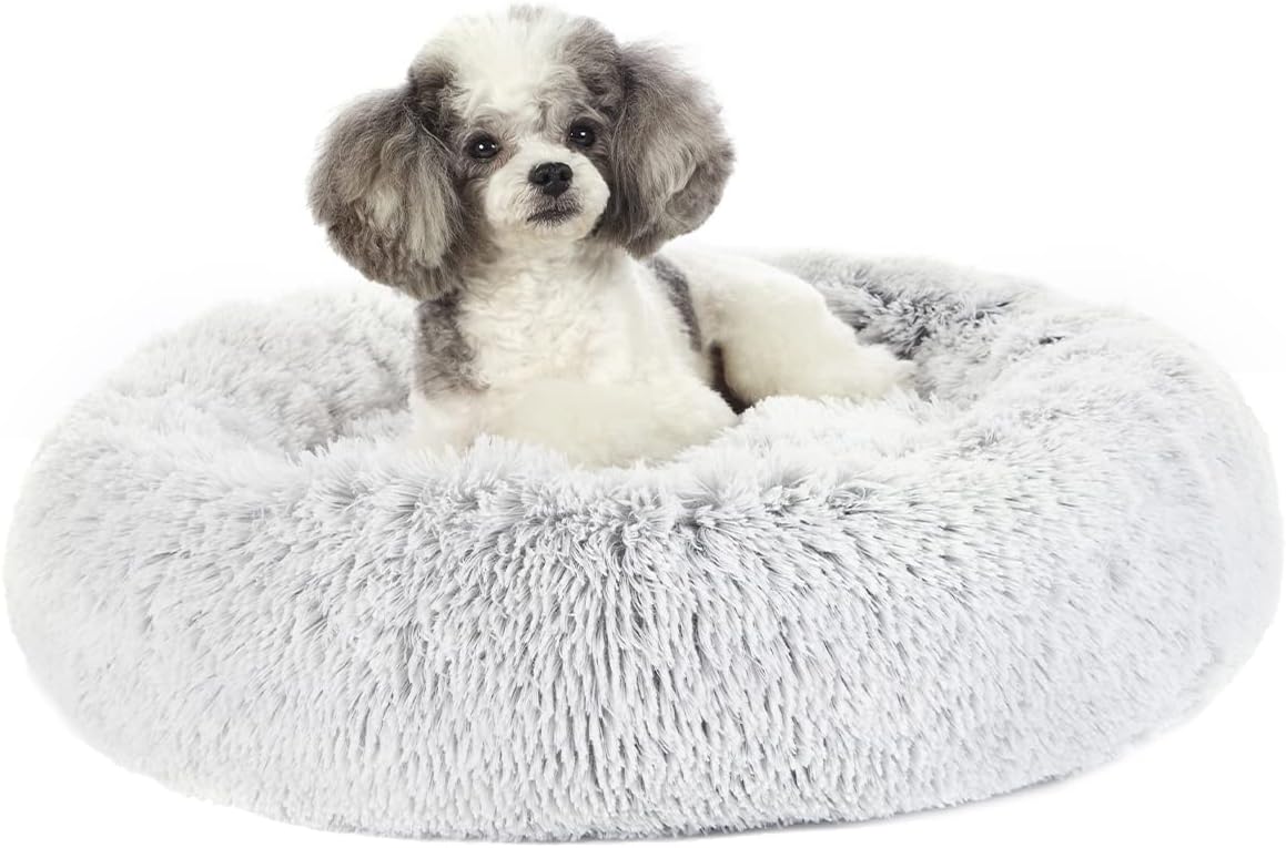 Bedfolks Calming Donut Dog Bed, 23 Inches Round Fluffy Dog Beds for Small Dogs, Machine Washable