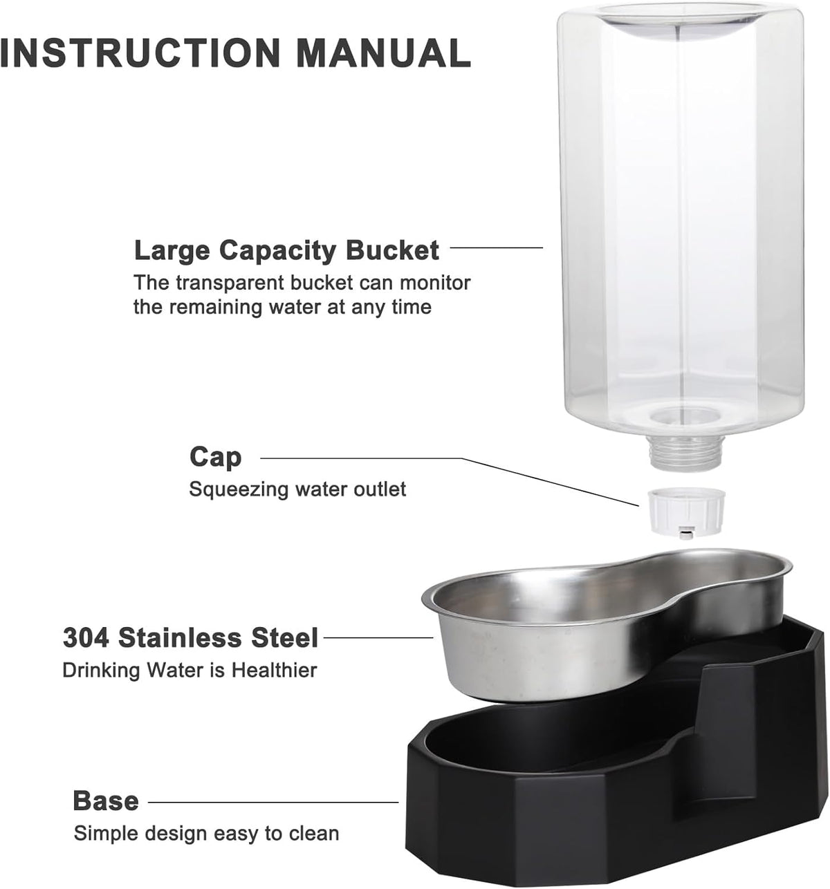 Sfozstra Large Dog Water Dispenser: 8L Automatic Black Water Feeder with Stainless Steel Bowl