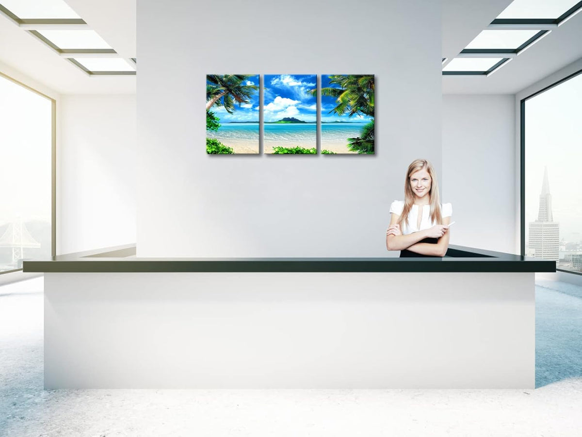 Wieco Art 3 Piece Blue Sea Beach Canvas Prints Modern Stretched Wall Art Seascape Pictures