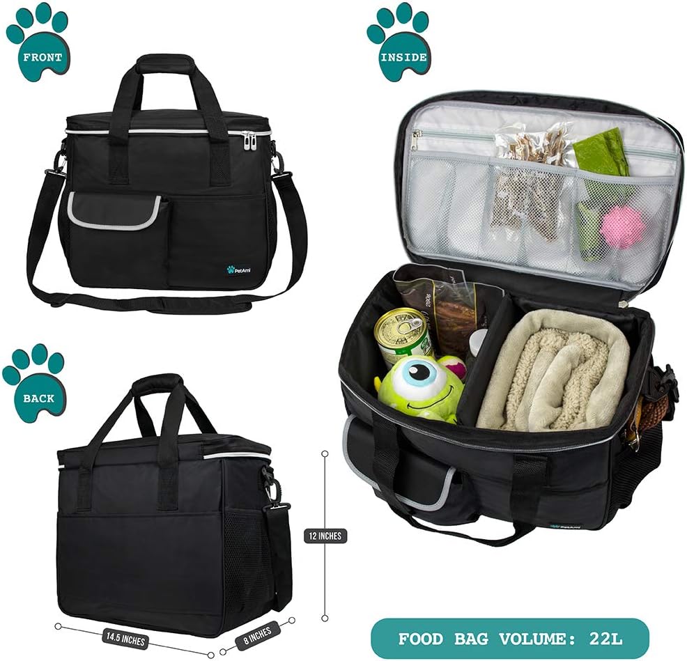 PetAmi Travel Bag Organizer - Dog & Cat Diaper Bag with Food Container, Bowls & Accessories for