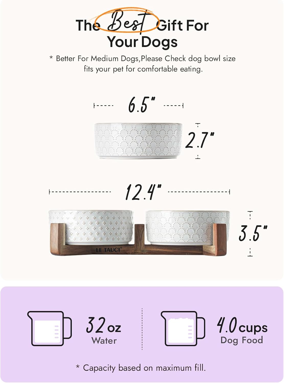 Dog Bowls Ceramic for Small Medium Dogs - 3-Cup Dual Food & Water Bowl Set with Acacia Wood Stand