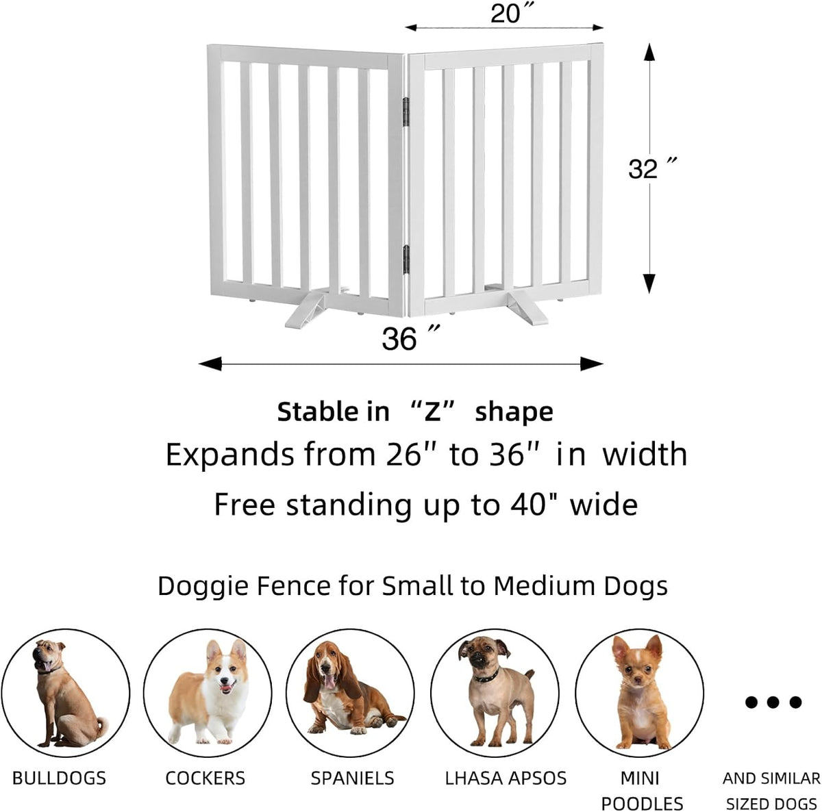 ZJSF Freestanding Indoor Dog Gate for House Foldable Wood White Puppy Gate for Doorways Pet Gate