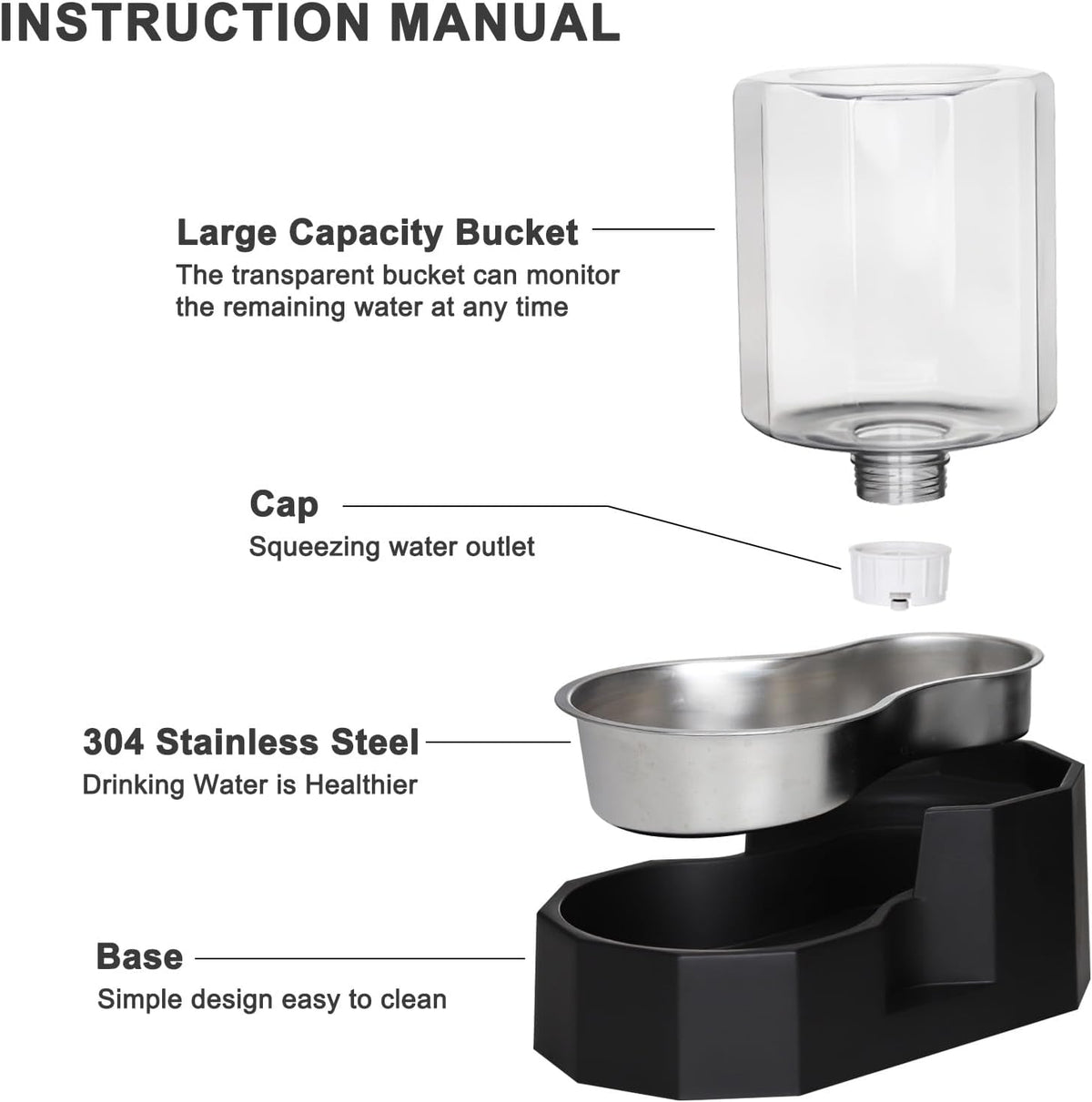 Sfozstra Gravity Water Bowl Dispenser : Automatic 5L Black Cat Stainless Steel Feeder Without