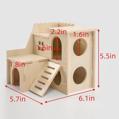 Multi-Chamber Hamster Hideout & House, Natural Wood Small Animal Cage Accessories for Dwarf