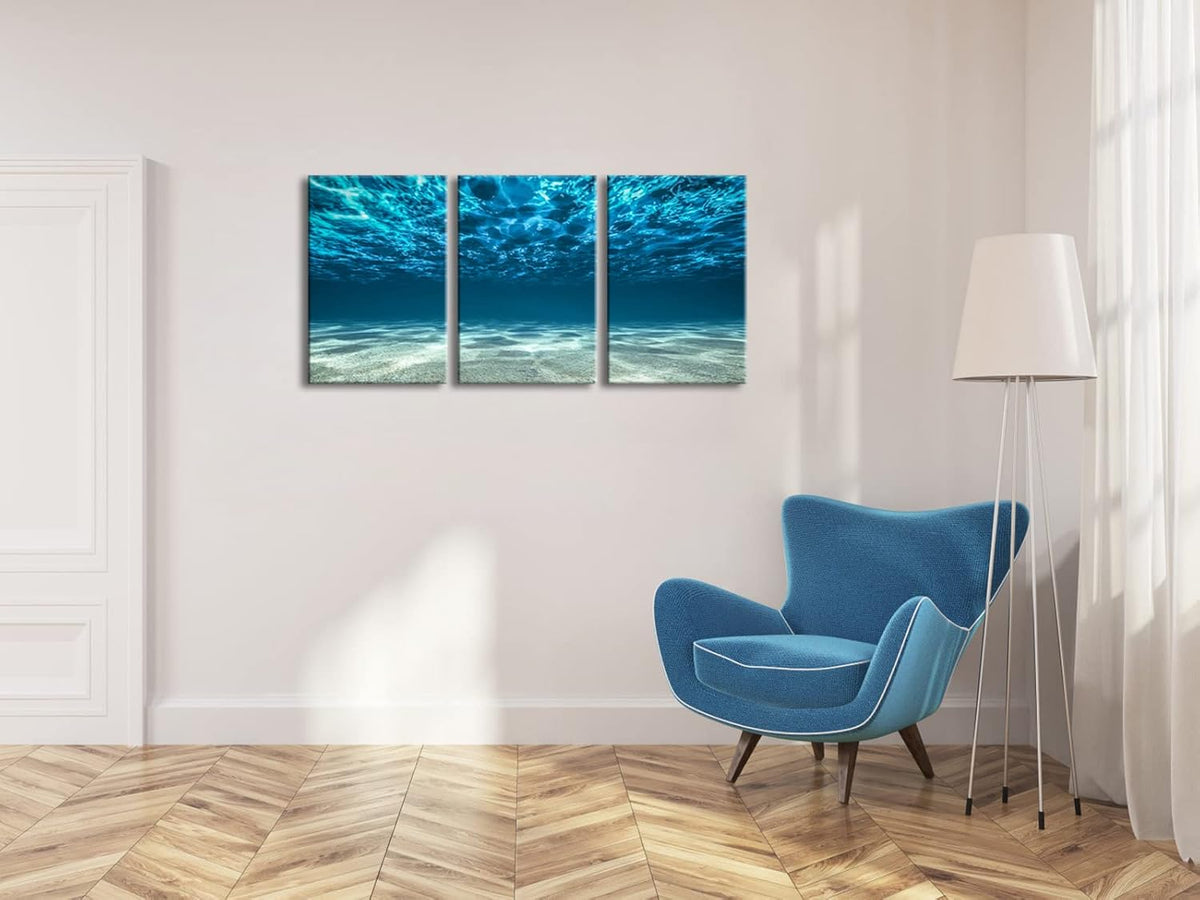 Wieco Art 3 Piece Blue Ocean Bottom Canvas Wall Art for Living Room Beach for Bedroom Wall Decor