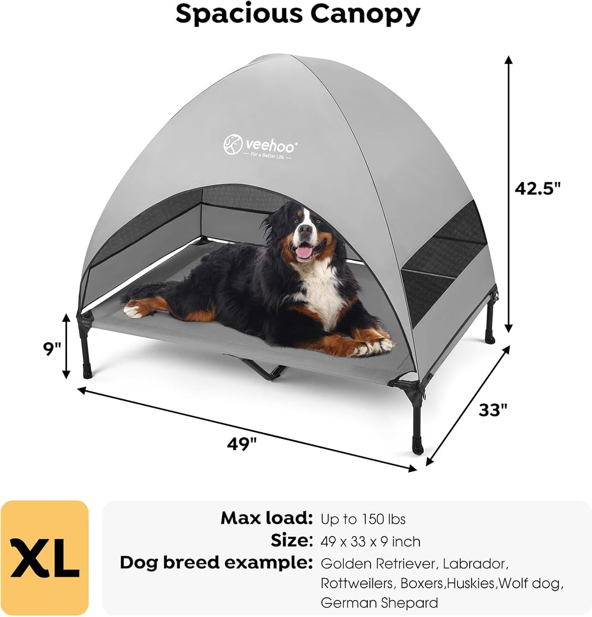 Veehoo Outdoor Dog Bed with Canopy, Cooling Elevated Pet Cot with Removable Shade, Non-Slip Feet